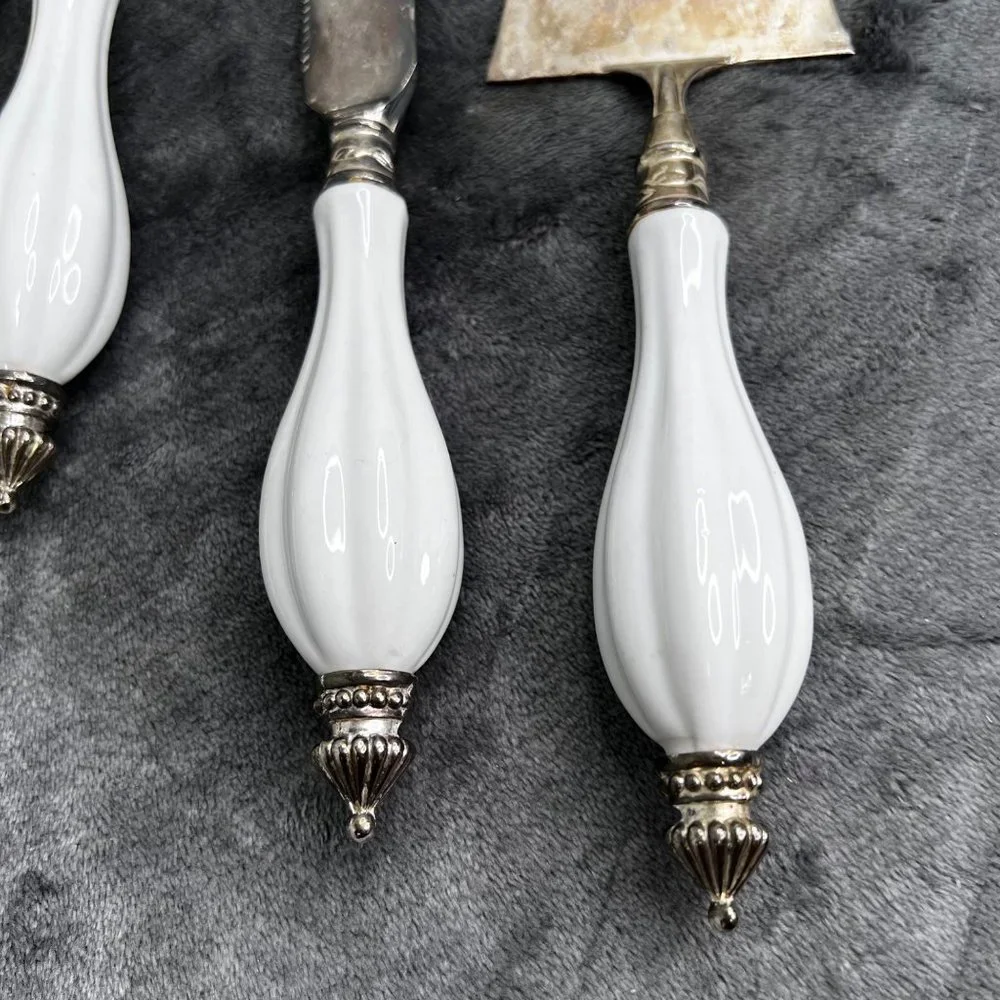 Godinger Silver Plated Serving Set White Porcelain 5 pc Cake Serve Slotted Spoon